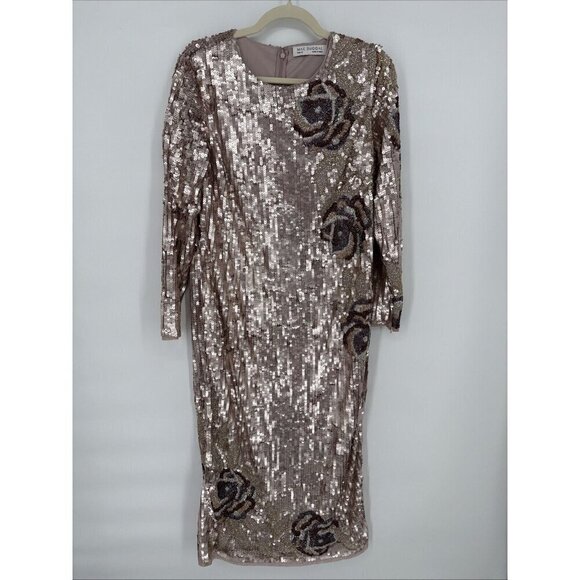 Mac Duggal Size 12 Pink SEQUINED ASYMMETRICAL FLORAL LONG SLEEVE MIDI DRESS $538 - Picture 4 of 9